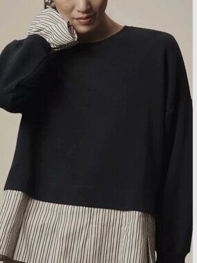 NWOT Anthropologie Maeve Striped Trim Twofer Hem Sweatshirt Navy XS will fit M